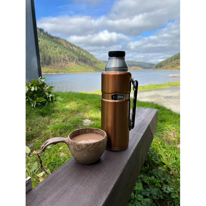 Термос із нержавіючої сталі King Thermosflasche блакитного кольору, 1,20 л - нержавіюча сталь, абсолютно герметичний, з кришкою-чашкою та ручкою, зберігає тепло 12 годин та холод 24 години, придатний для миття в посудомийній машині, без BPA, блакитний, 12