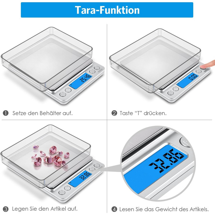 Електронні ваги AMIR 500г з точністю 0.01г: цифрові, для зважування, з функцією Tara, LCD-дисплей, конвертація одиниць, автоматичне вимкнення, сріблясті