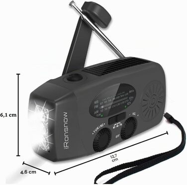 Сонячна радіостанція iRonsnow з ручним заводом, ліхтариком LED, 2000mAh AM/FM, USB зарядка, Powerbank, для походу, кемпінгу (Чорний)