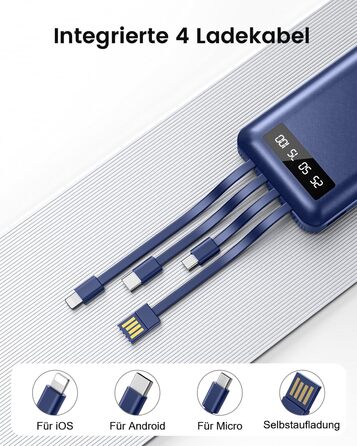 Powerbank 26800mAh з 4 вбудованими кабелями, 22.5W, LED дисплеєм та підставкою, блакитний. Сумісний з iPhone, iPad, Samsung Galaxy.