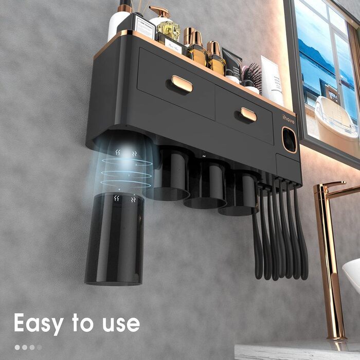 IHave Toothbrush Holder Wall-Mounted, Bathroom Toothbrush Holder with Toothpaste Dispenser, 3 Cup Toothbrush Holder with Drawer, Large Capacity Toothbrush Organizer Bathroom (4 Cups, Black Gold)