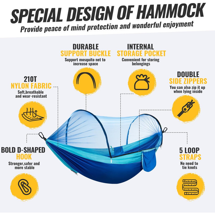 Легка туристична гамак з москітною сіткою, 300 кг | Гамак для кемпінгу, подорожей, пікніків, дихаючий, швидковисихаючий | Гамак з парашутного нейлону, портативний, для рюкзаків, піших прогулянок, саду (синій, 270x140 см)