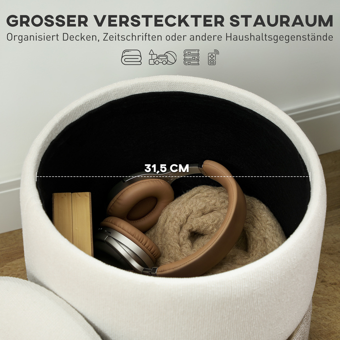 HOMCOM Storage Ottoman with Lid, Metal Ring, Two-Tone Design Round Footstool Upholstered Ottoman, Chenille 36 x 36 x 44 cm Cream White | Aosom