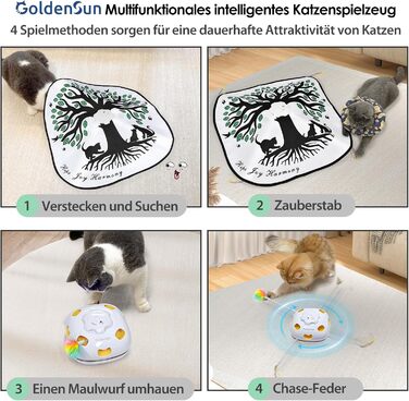 GoldenSun Cat Toy, Rechargeable, Interactive 4-in-1 Toy for Indoor, Hide-and-Seek Toy for Kittens, Whack a Mole Motion, Electronic Cat Toy for Exercise (Tree of Life)