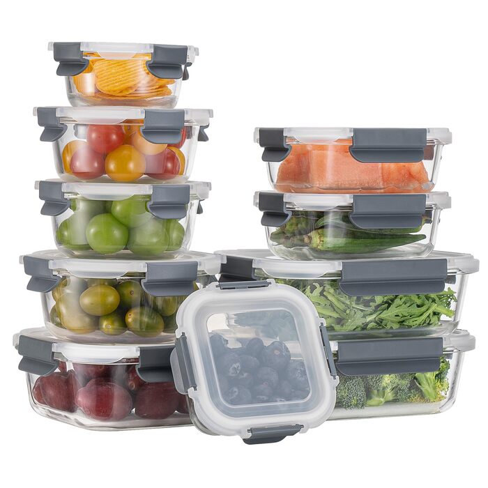 Скляні контейнери для зберігання їжі з кришками набір Frischhaltedosen: Meal Prep, мікрохвильова піч, морозилка, посудомийка, сірі