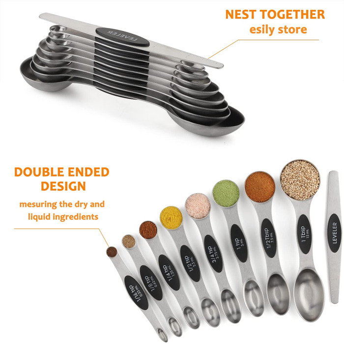 Magnetic Measuring Cups and Spoons Set with 16 Pieces, including 7 stackable magnetic stainless steel measuring cups, 8 magnetic measuring spoons with leveler for dry and liquid ingredients