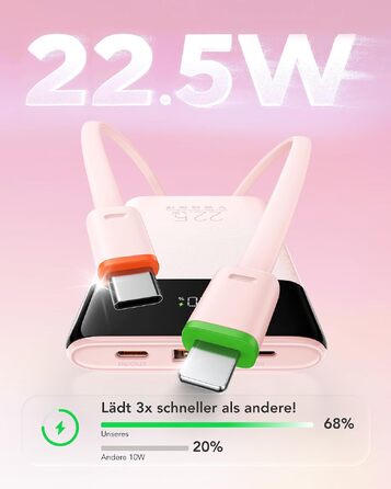 Повербанк VEGER 10000mAh 22.5W з вбудованим кабелем USB-C, рожевий