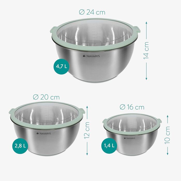 Navaris Stainless Steel Bowl Set with Lid - 3-Piece Mixing Bowl, Salad Bowl - Stainless Steel Bowl Set, Containers in Mint Green
