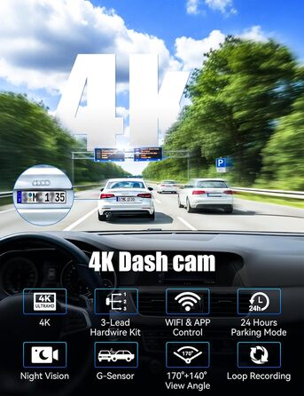 Відеореєстратор 4K Auto Передній та Задній з Хардвайр Кітом, WiFi, Паркувальний Моніторинг, 64GB SD Карта, 3-Канальна Автокамера з Нічним Баченням, 170° Широкий Кут, WDR, G-Сенсор, Циклічна Запис, Керування через APP