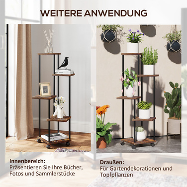Outsunny 5-Tier Plant Stand with Wheels, Flower Stand for Indoor Outdoor, Steel and Wood Plant Shelf, Multi-Level Flower Shelf, 110cm High Flower Ladder for Living Room, Garden Balcony Decor, Charcoal | Aosom