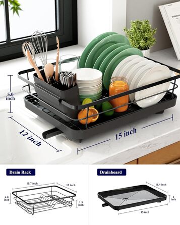Dish Drying Rack, Space-Saving Dish Rack, Dish Organizer for Countertop, Durable Kitchen Drying Rack Made of Stainless Steel with Cutlery Holder, Dish Drying Stand