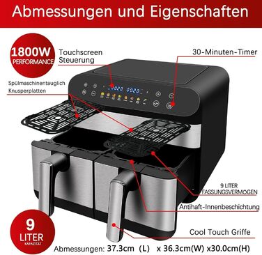 Фритюрниця повітряна Jacgood 9L з 2 кошиками, 1800W, цифрове управління, 8 програм