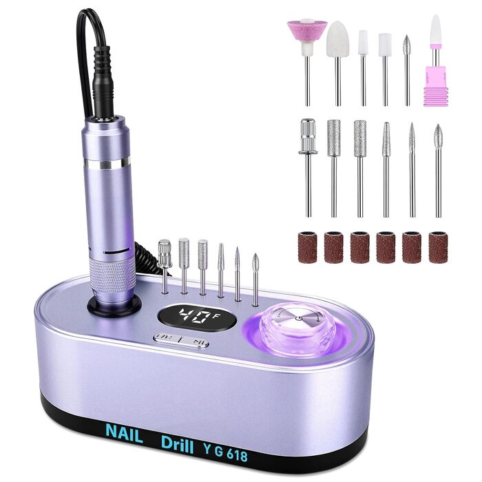 Електрична нігтьова фрезерна машинка для манікюру та педикюру, 40000 об/хв, LCD дисплей, професійний набір, фіолетовий