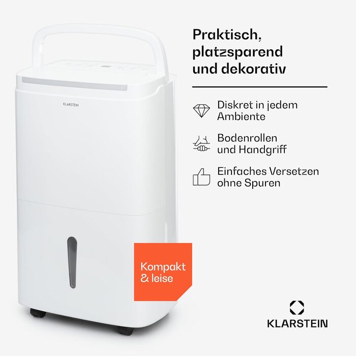 Електричний осушувач повітря Klarstein DryFy Connect 50L: 50 л/24 год, WiFi, Alexa, 7 л бак, таймер, для приміщень 45-55 м²