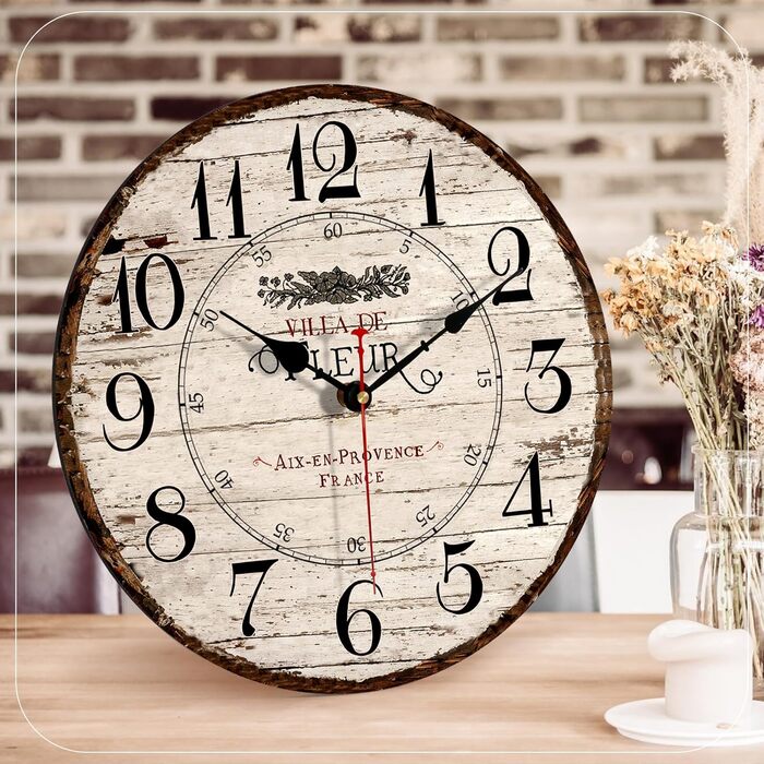 Toudorp 14 Inch Wall Clock Wooden French Country Style Quiet Wall Clock Easy to Read Battery Powered Home Decorative Retro Wall Clock
