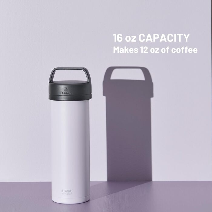 ESPRO – P0 Ultralight – French Press Coffee Maker for Single Servings and Lightweight Travel Water Bottle for Travel, Camping, and Daily Use, Stainless Steel, Vacuum Insulated, 16 oz (Frost Wisteria) Frost-Glycinie Modern