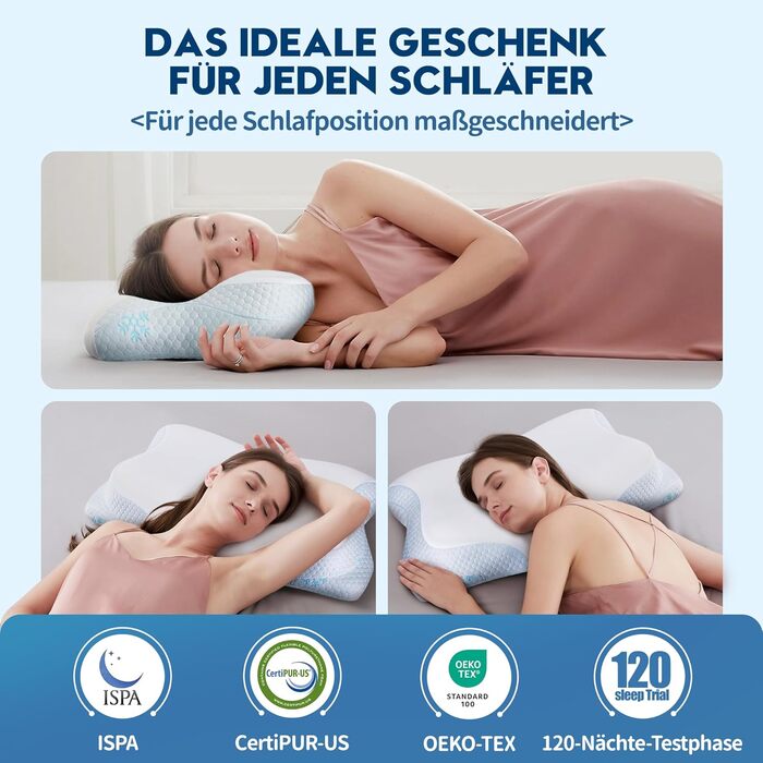 Ортопедична подушка CloudÉtoile з Memory Foam 2-в-1: ергономічна подушка для сну на боці, спині та животі. Біла, 64x38x12 см.