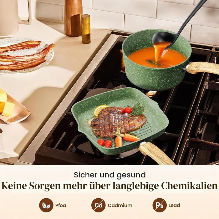 Набір посуду Kitchen Academy з гранітним антипригарним покриттям для індукційних плит, 17 предметів, зелений