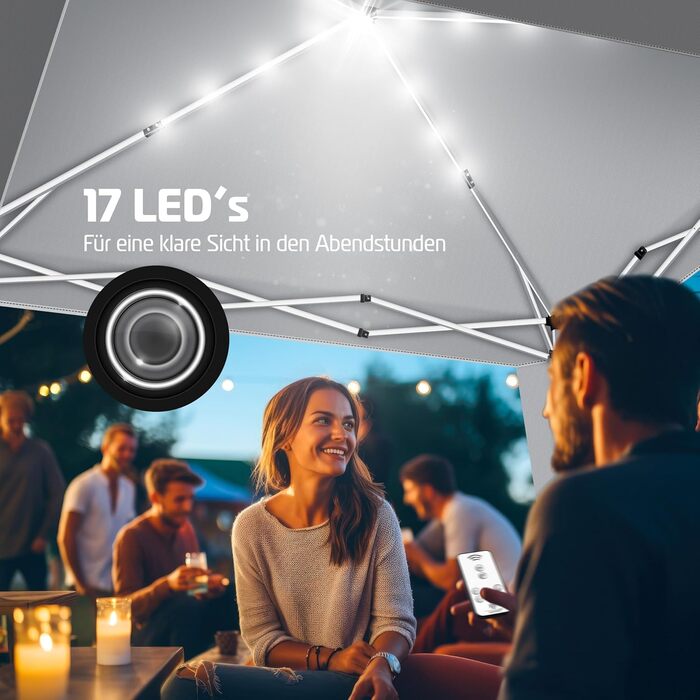 KESSER® Gazebo Folding Gazebo 3x3m with LED Lighting | Pop-Up Garden Gazebo Adjustable Height Stable Waterproof Winterproof | Party Tent Event Tent UV Protection 50+ incl. Remote Control & Bag Light Grey