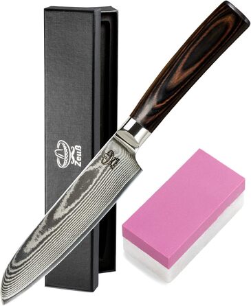 Ніж Santoku ZEUß з дамаської сталі (24 см) - професійний кухонний ніж з дамаської сталі 67 шарів, з точильним каменем, дерев'яною ручкою, захистом леза та подарунковою коробкою (сірий)