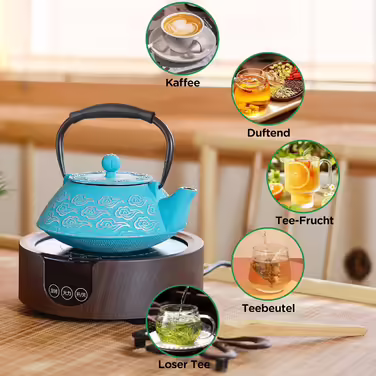 Cast iron teapot, Japanese teapot with infuser for loose tea, 800ml teapot suitable for stovetops, with enameled interior coating, cloud pattern, 27oz Green (Sky-blue)