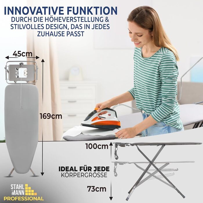 Сталевий XXL-Bügelbrett від STAHLMANN® для парогенераторів [130x48 поверхня для прасування] – стабільний стіл для прасування з покриттям [100% бавовна], Made in EU