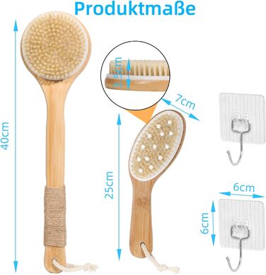 Набір з 2 шт. щітки для сухого масажу тіла, щітка для спини та душу з довгою ручкою, щітка для лімфодренажу, натуральна щетина для пілінгу та лімфодренажу, масажна щітка для тіла