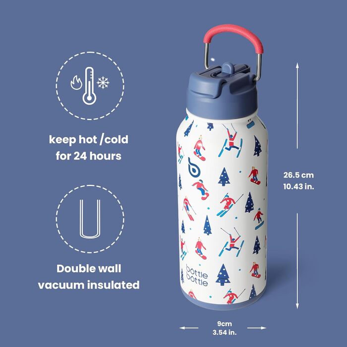 BOTTLE BOTTLE Stainless Steel Drinking Bottle 1L with Straw – Leak-Proof Insulated Bottle for Sports & Gym, with Pill Compartment, BPA-Free, Double-Walled (Skiing)