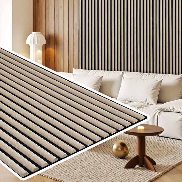 Акустичні панелі з дерева та фетру 120x60 см, білий дуб — звукопоглинаюча стіновая облицювання для покращення акустики приміщення, набір 2 шт