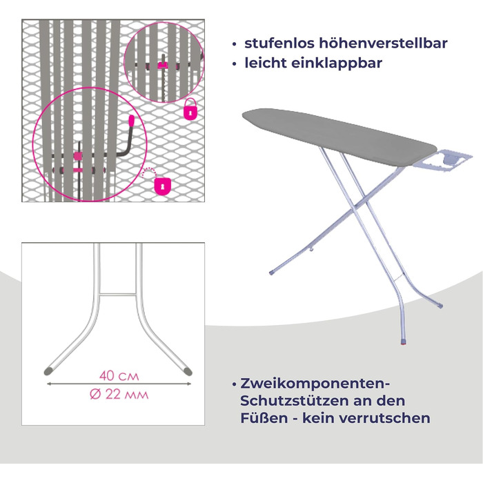 Відпарювальна дошка STAHLMANN® 114x34 см сірого кольору з неслизькими ніжками – міцна та стабільна – Made in EU
