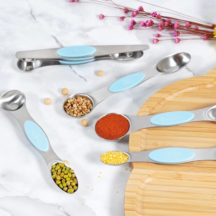 Recogwood 18-Piece Measuring Cup and Spoon Set, includes 10 stackable measuring cups with lids and 8 magnetic measuring spoon set for liquids and dry ingredients, BPA-free (blue)