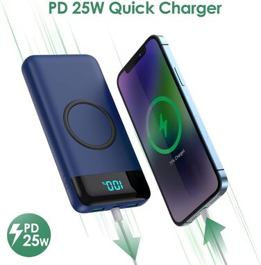 Бездротовий Power Bank 26800mAh 25W PD3.0 + QC4.0, зовнішній акумулятор з LCD-дисплеєм та швидкою зарядкою 15W, 4 USB-порти, для iPhone, Samsung, Huawei, Oppo — Синій