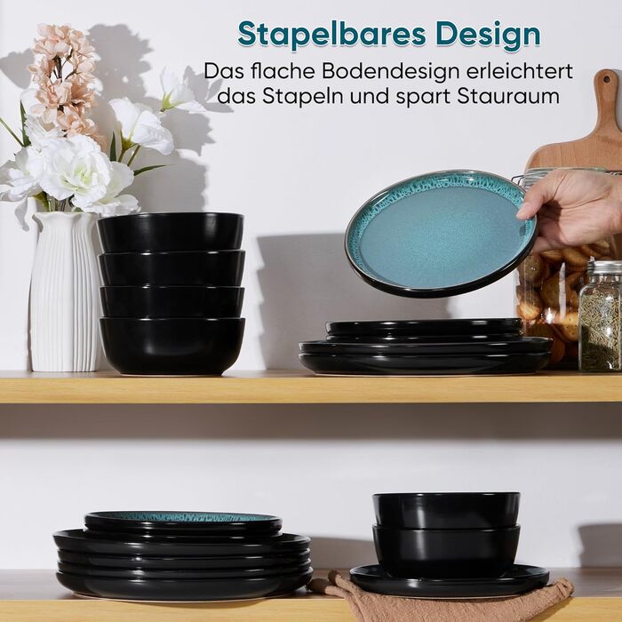 Набір посуду HaWare для 6 осіб, 18 предметів: тарілки, десертні тарілки, миски, стельова глазур, посуд для сервірування столу, блакитний колір, безпечний для мікрохвильовки та посудомийної машини