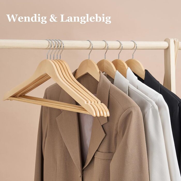 Набір дерев'яних вішалок 20 шт. – Преміум вішалки з масиву дерева з перекладиною для штанів, затискачами та 360° гачком для костюмів, сорочок та курток