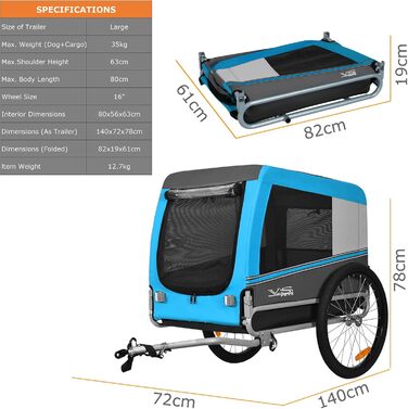 Тігго VS Pets L: великий велосипедний причіп для собак, 270л, для собак середнього та великого розміру до 35 кг, складаний, блакитний