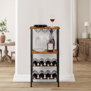 YBING Wine Rack, Freestanding, Floor Wine Bar Rack with Glass Holder and Tabletop, 8 Bottles, Wood Wine Tables with Shelves, 4 Tiers, Wine Bottle Organizer, Display Stand, Rustic Brown