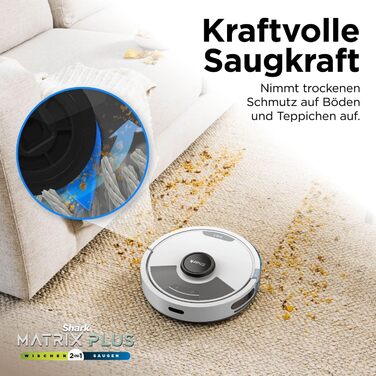 Робот-пилосос Shark Matrix Plus 2-в-1 з функцією миття та станцією самоочищення, самостійно очищається, для шерсті тварин, килима та твердих підлог, 14,5 см (стандартний, білий)