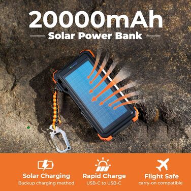 Портативний зарядний акумулятор BLAVOR Solar 20000mAh з кабелем, 20W, сонячний, USB-C, для телефонів та Apple Watch, з ліхтариком та карабіном, оранжевий