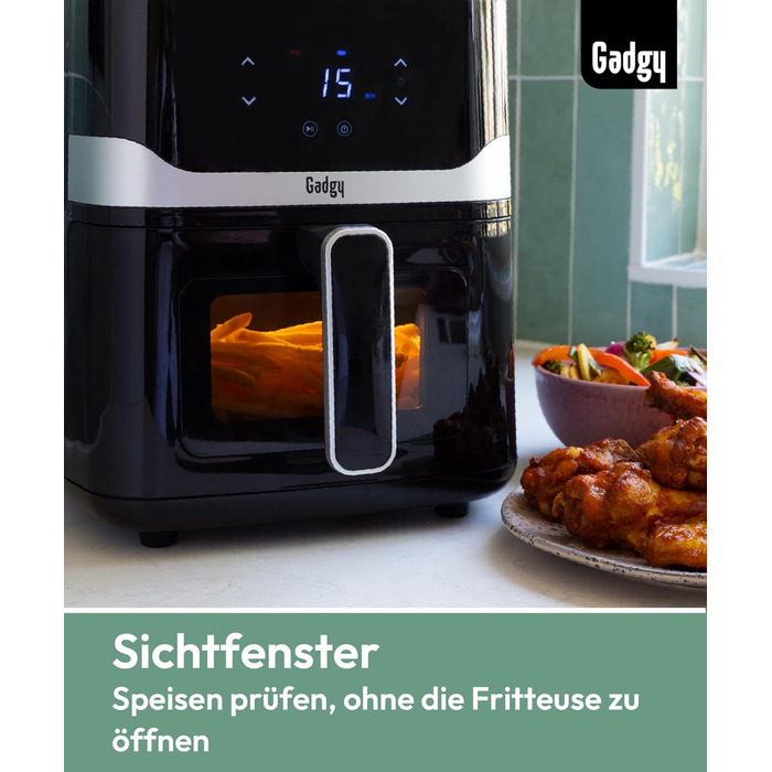 Фритюрниця без олії Gadgy 5L з цифровим дисплеєм та скляним вікном - Airfryer з антипригарним покриттям, 1400W, регулювання температури 80-200°C