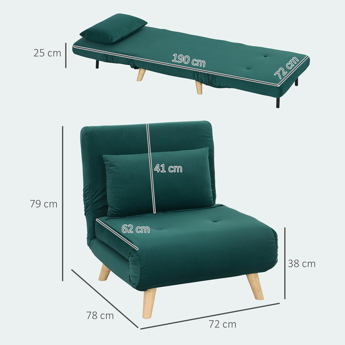 HOMCOM Sleeper Chair, Folding Chair with Bed Function, Decorative Cushion, Foldable Recliner Chair with Adjustable Backrest in Velvet Look, for Living Room, Dark Green | Aosom
