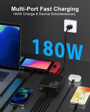 Зарядний пристрій USB 6 портів з LCD екраном, GaN швидка зарядка USB-C, сумісний з MacBook, iPad, iPhone 16/15/14/Pro/Max, Samsung Galaxy S23 (Чорний)