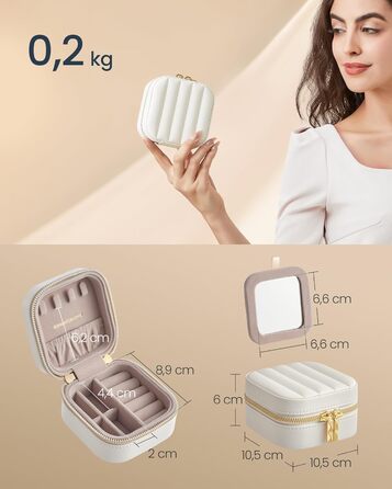 SONGMICS HOME ANAH - Скринниця для прикрас у дорогу, маленька скринька для ювелірних виробів зі дзеркалом, 10,5 x 10,5 x 6 см, PU з прошиванням, замок-блискавка, ідеальна ідея для подарунка, хмарно-білий колір