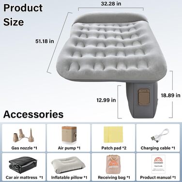 Автоматичний надувний матрац для заднього сидіння авто Coverado - сірий, універсальний, з вбудованим насосом та подушками