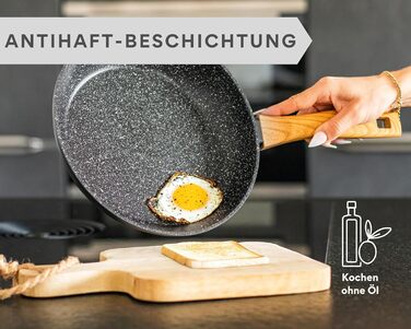 DIVORY Набір сковорідок 2 шт. (24, 28 см) з антипригарним покриттям для всіх плит – універсальні сковороди з безпечними ручками, придатні для миття в посудомийній машині (ручки: світле дерево)