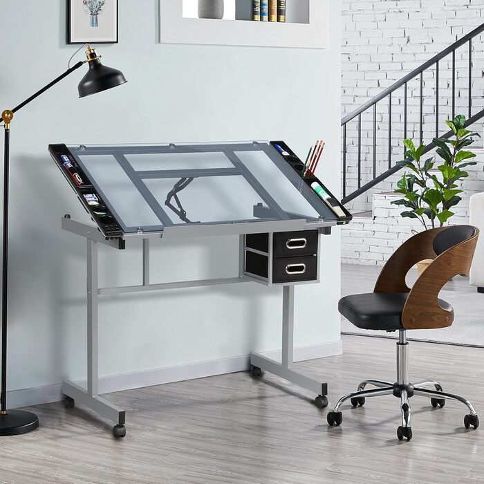 Yaheetech Adjustable Drafting Table - Tilting Glass Top Desk for Architects, Artists & Painters - 90cm x 60cm