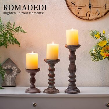 Свічник дерев'яний Romadedi для стовпчикових свічок, набір з 3 шт., вінтажний декор у стилі лофт і шебі шик, для вітальні, столу, коричневий, 15/21/30 см
