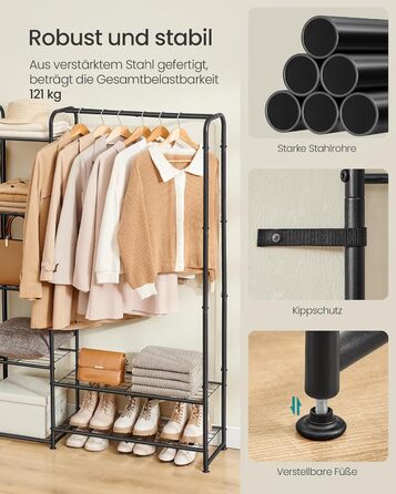 SONGMICS Clothes Rack, Open Wardrobe, Clothes Rail, Coat Rack with Shelves, Metal Wardrobe, Freestanding, Matte Black LGR462B01 (183B cm)