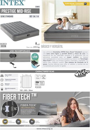 Надувний матрац Intex Dura-Beam Prestige Mid-Rise 152x203x30 см з USB-насосом, сірий - двомісний PVC матрац для дому та відпочинку