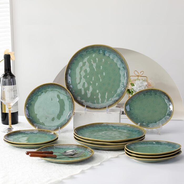 Henten Home 4-Piece Stoneware Plate Set, Green Dessert Plates, Breakfast Plates, Flat Cake Plates, Salad Plates Set for 4 People, Dinner Plate Set