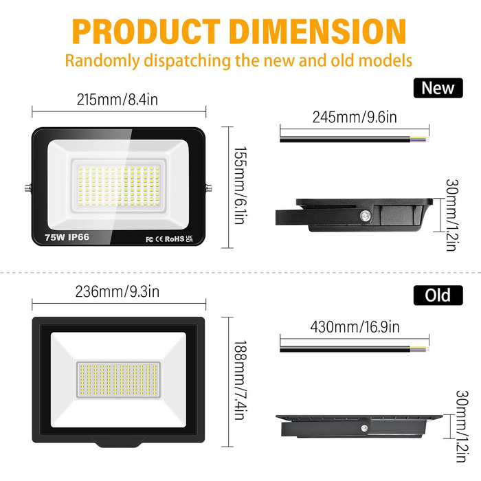 RIGIDON 2x 75W LED Floodlights Outdoor, 7500LM Outdoor Floodlight, 6000K Cool White IP66 Waterproof LED Floodlight, Outdoor Lamp for Garden, Courtyards, Garage, Hotel, Sports Field, Workshop